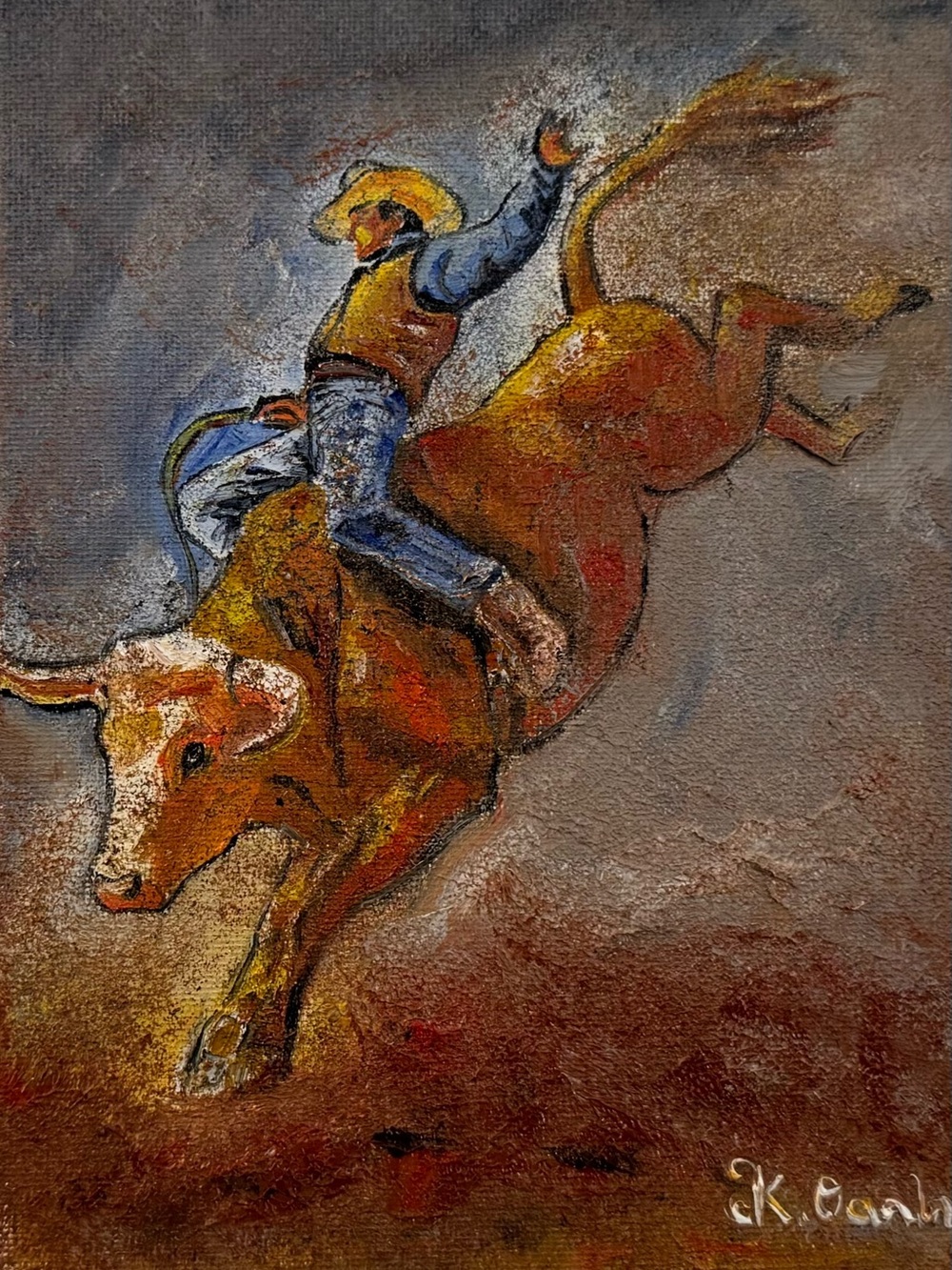 Hand painted oil painting cowboy rodeo bull rider signed 5x7 inches